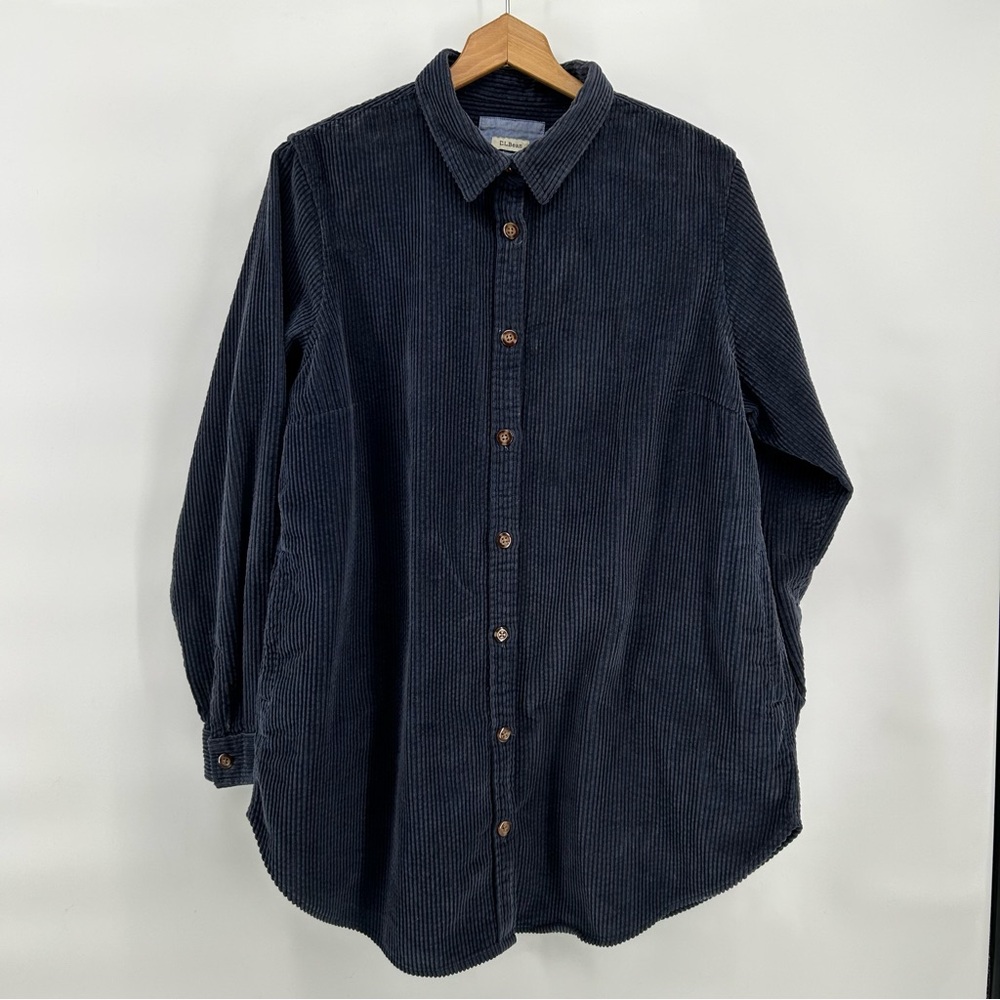 L.L. Bean Shirt Women's Medium Navy Blue Corduroy Relaxed Tunic Layer Barn Chore